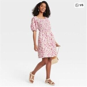 Universal Thread Pink Floral Smocked Puff Sleeve Knee Length Cotton Dress sz XXL